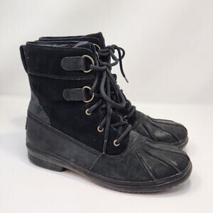 Ugg Azaria Black Leather Waterproof Duck Boots Women Size 9.5 Ankle Lace Up